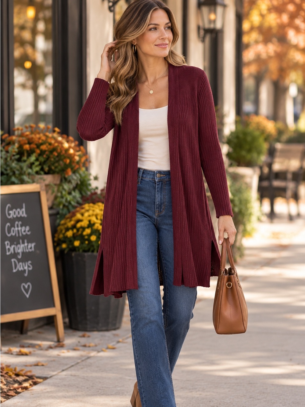 Love Ellie Burgundy Ribbed Open Front Long Cardigan Duster Size L